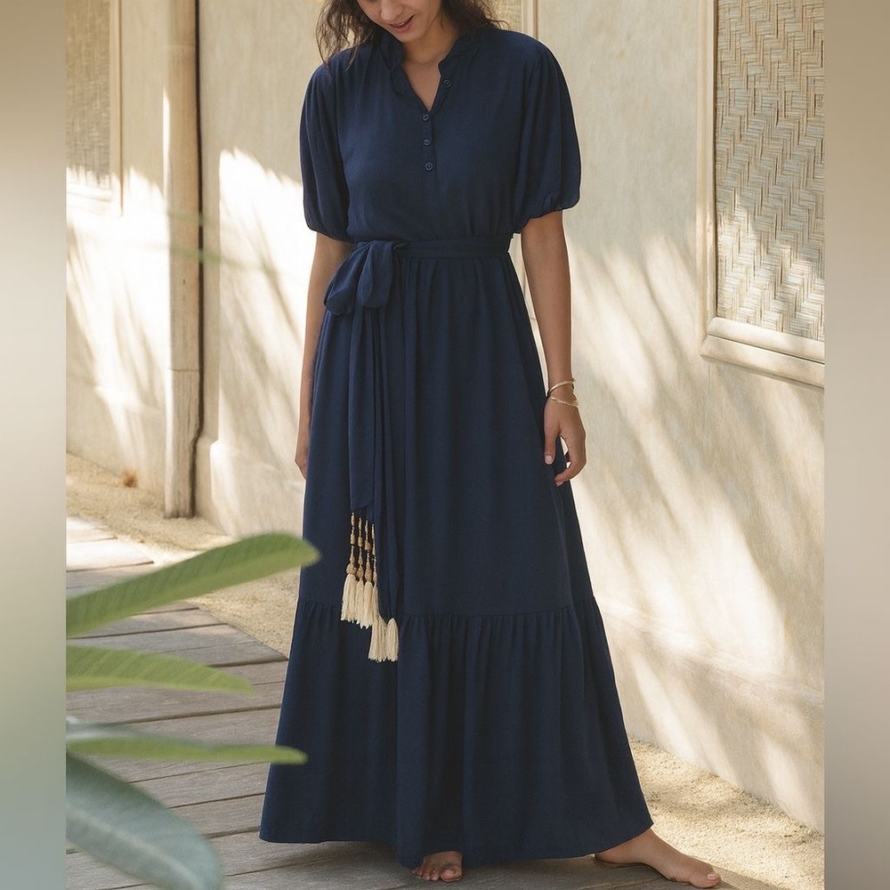 NAVY Skemo Maxi Tiered Dress Long Sleeve with beaded belt tassels size Large